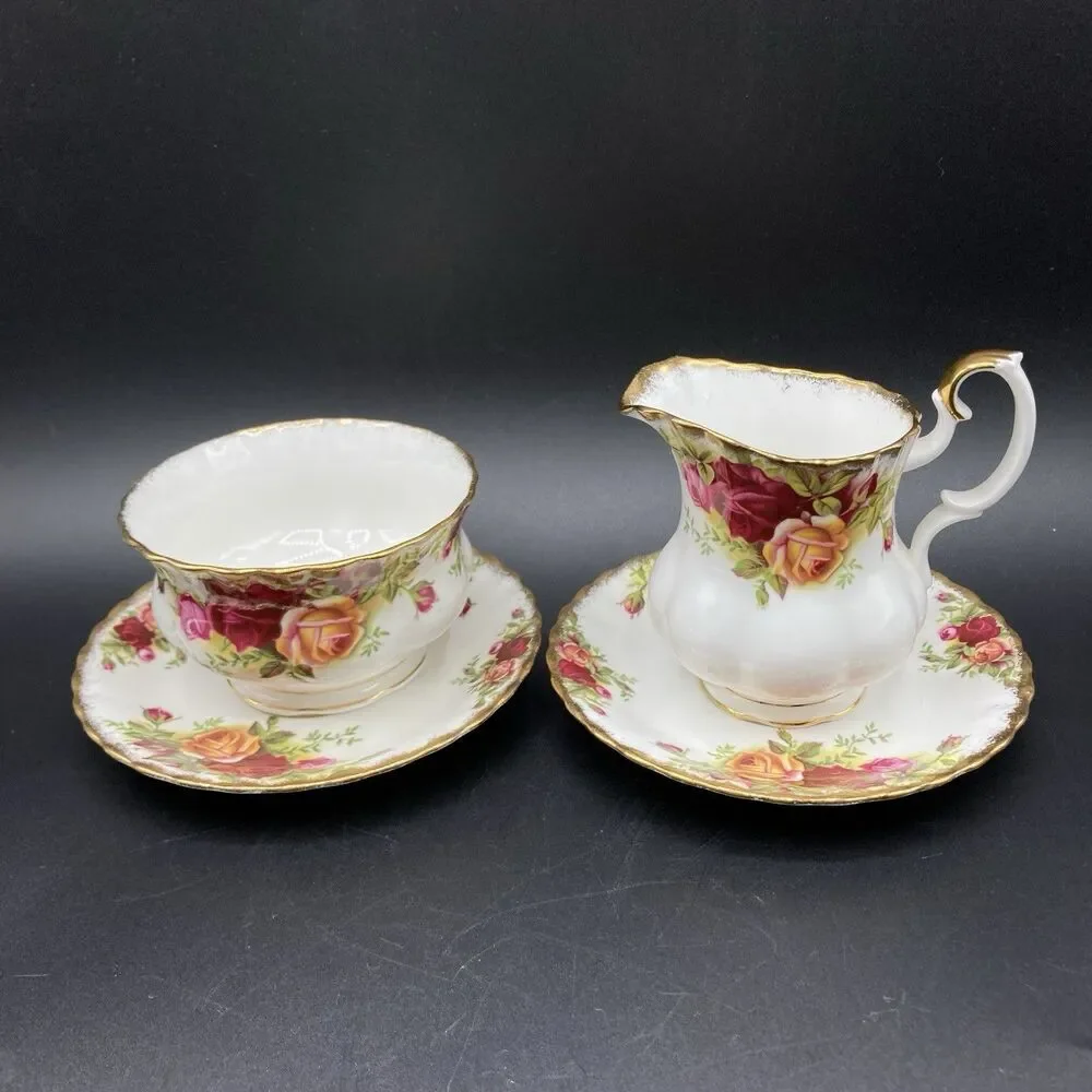 Vtg Royal Albert Old Country Roses Bone China Open Sugar Bowl Creamer & Saucers